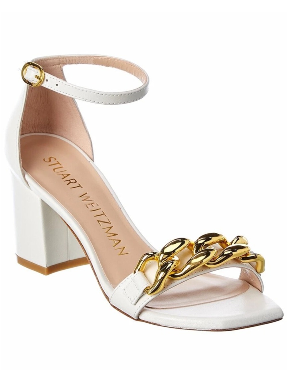 Stuart Weitzman Amelina White w/Gold Chain Leather Sandals size 8